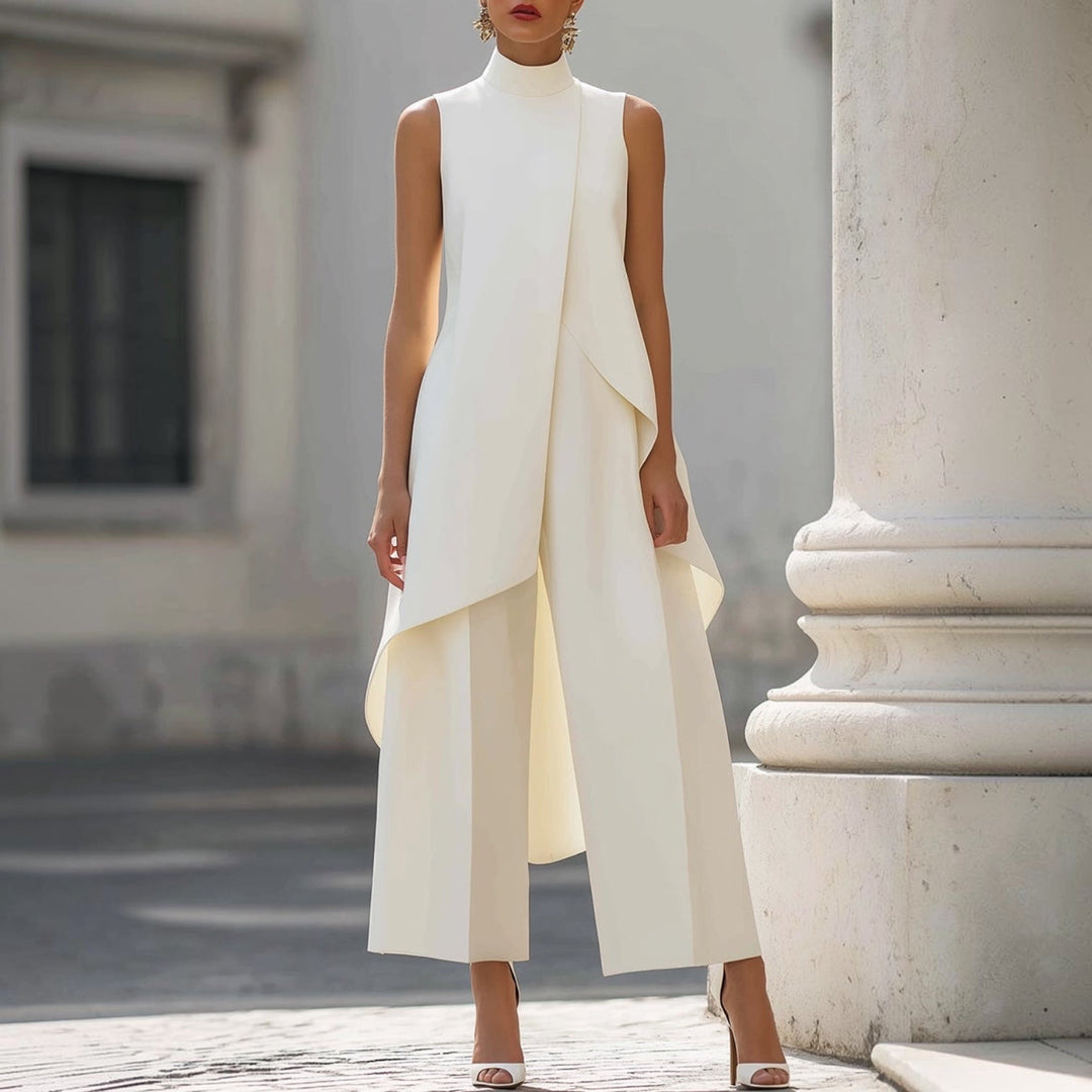 Valentina draped high-neck jumpsuit in white, full-length front view