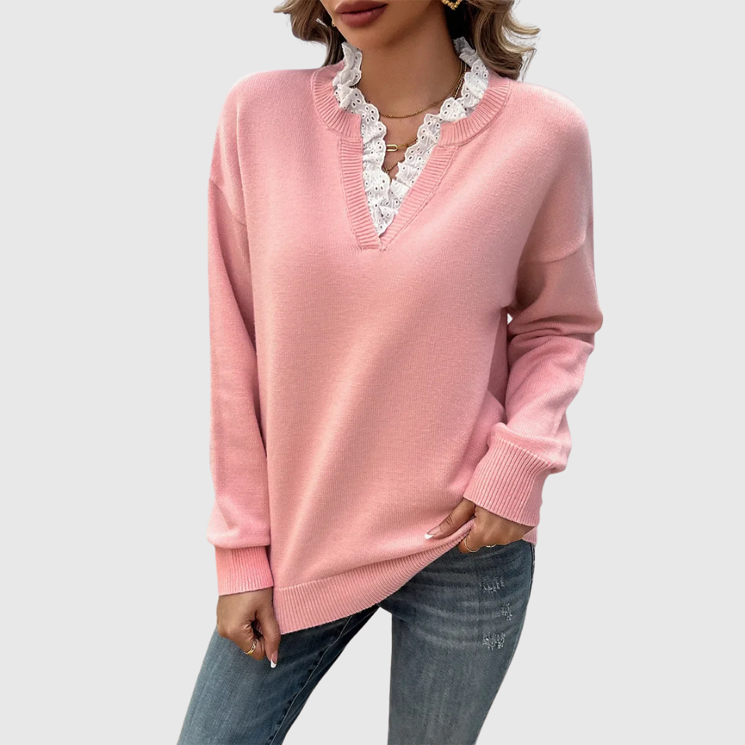 Aven knit sweater in light pink, front view with lace neckline
