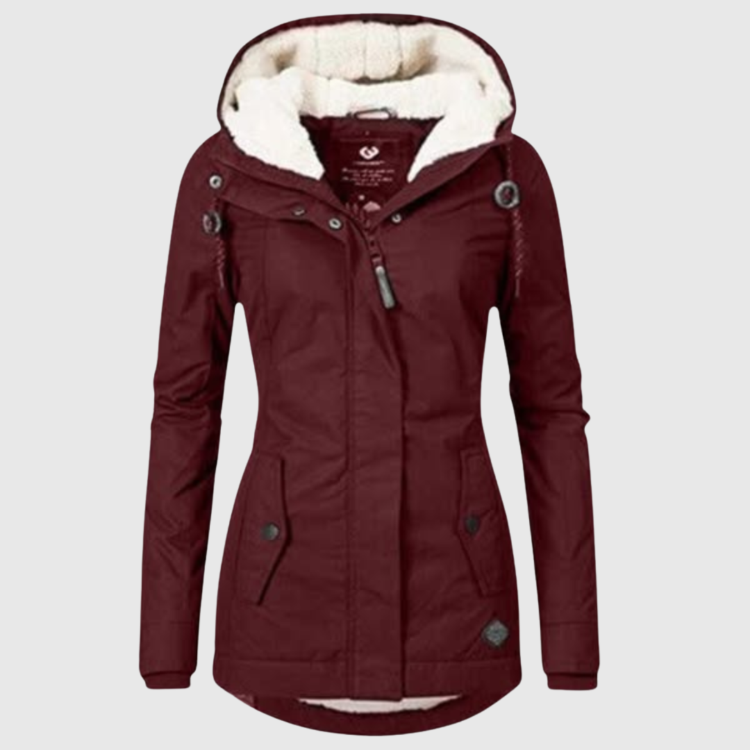 Agnes waterproof winter coat in wine red, front view