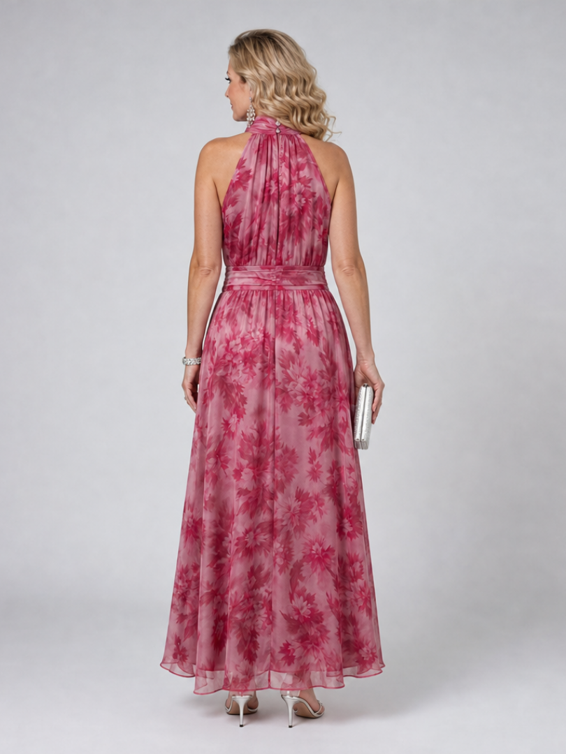 Avien halter neck midi dress in rose pink floral, back view