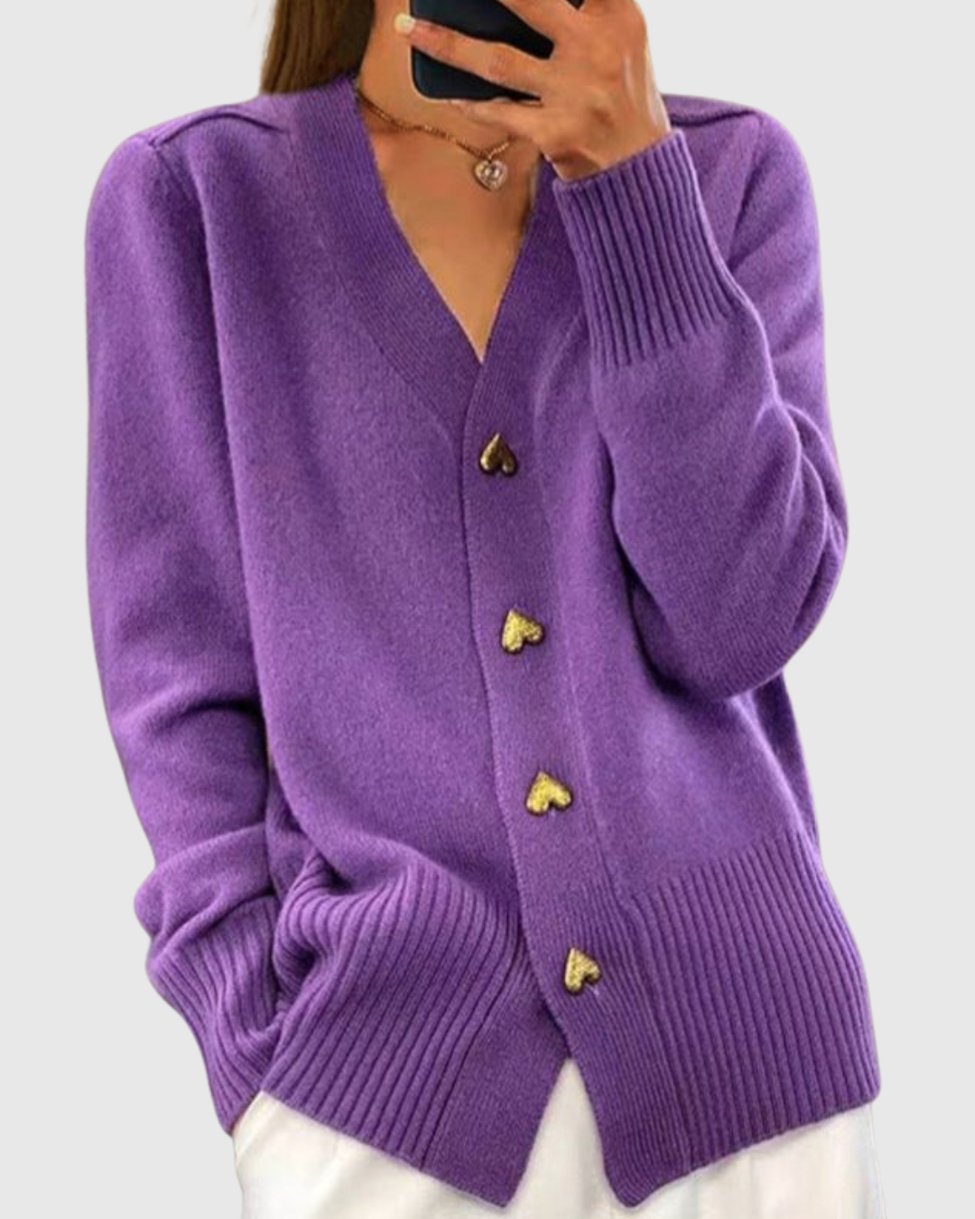 Heart button knit cardigan in violet, front view