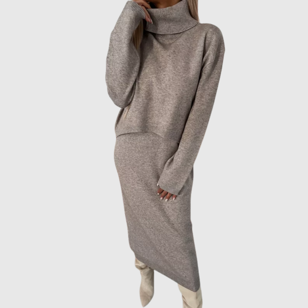 Anwen knit two-piece set in light grey, turtleneck jumper and midi skirt