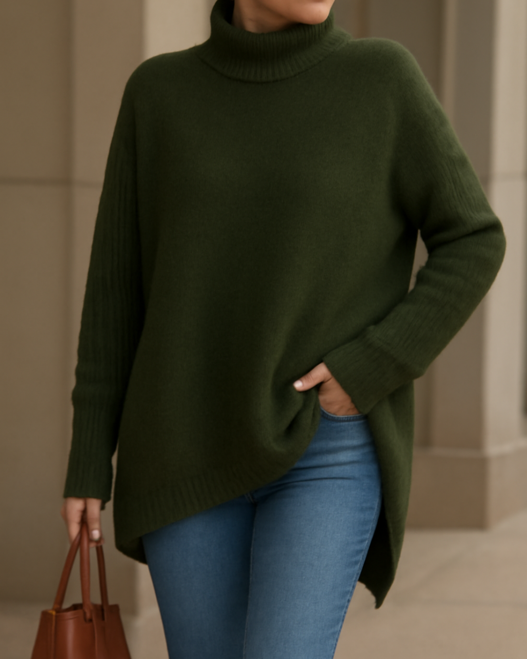 Fenella long turtleneck sweater in fir green, front view over slim jeans