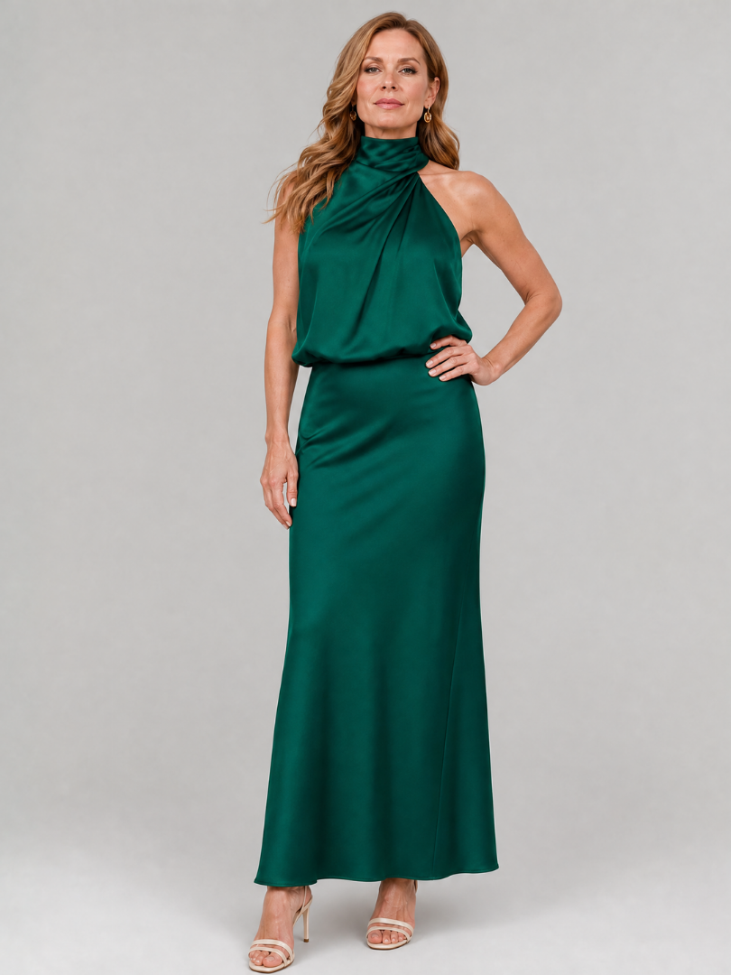 Nopal sleeveless draped neck midi dress in dark green, front view