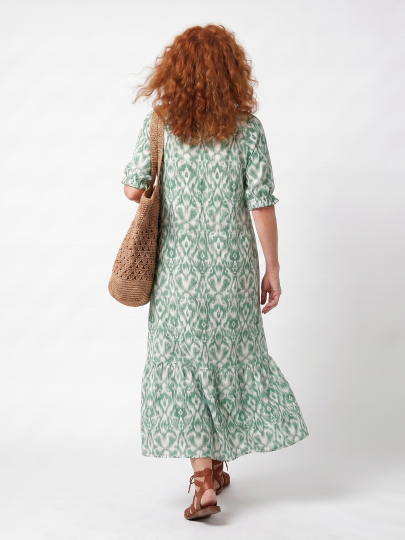 Ilara green patterned midi dress seen from the back