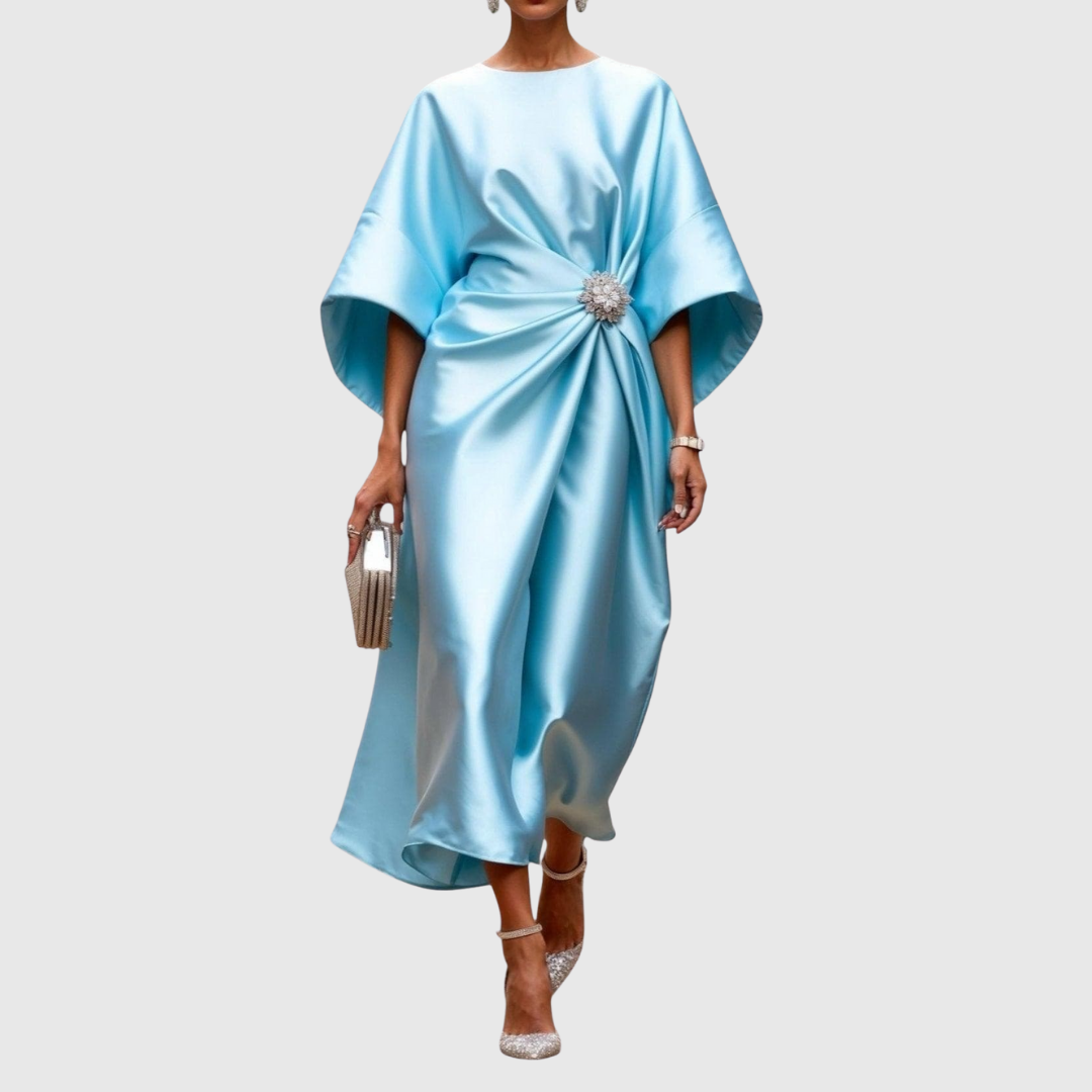 Luneth satin midi dress in light blue, full-length front view