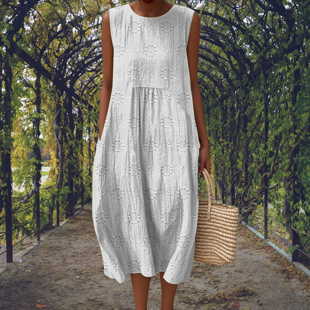 Aikaterini sleeveless midi dress in white, full-length front view