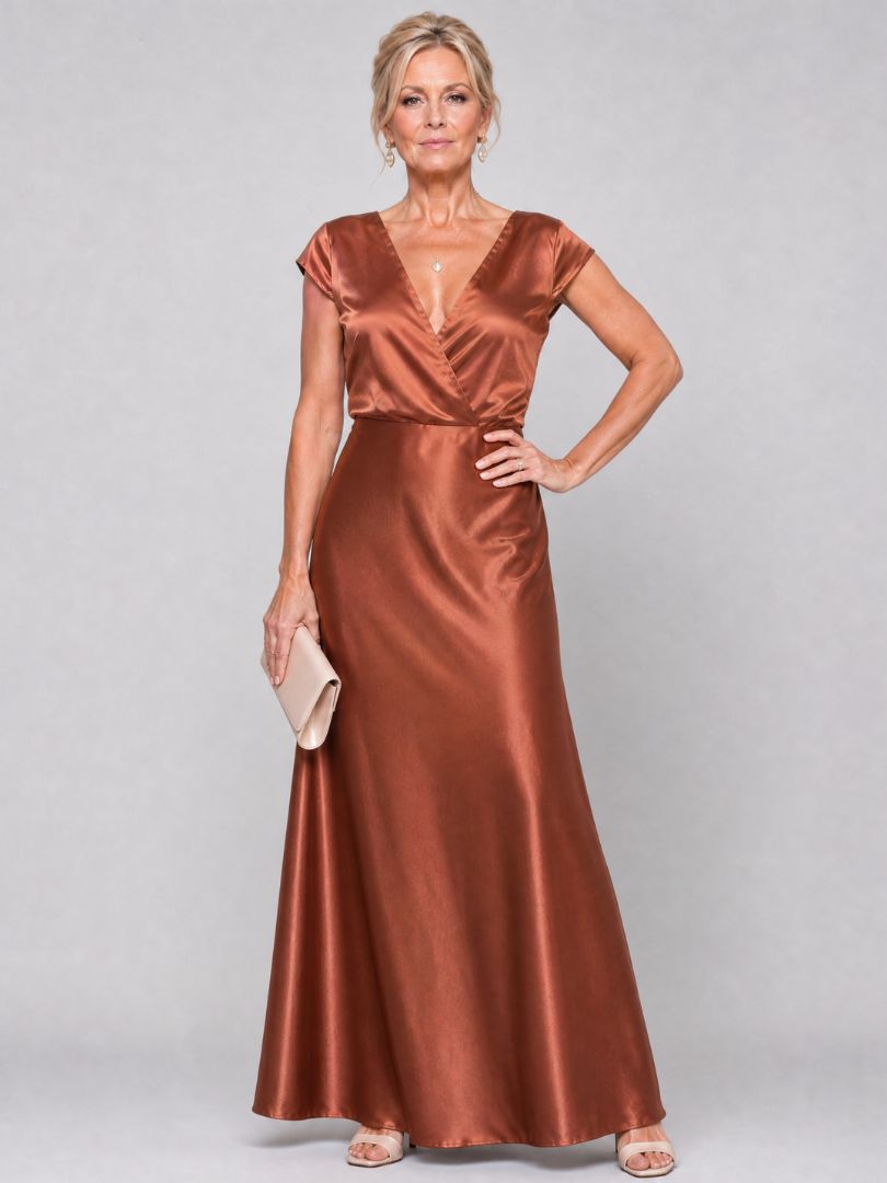 Samouse cap sleeve wrap maxi dress in brown, full-length front view