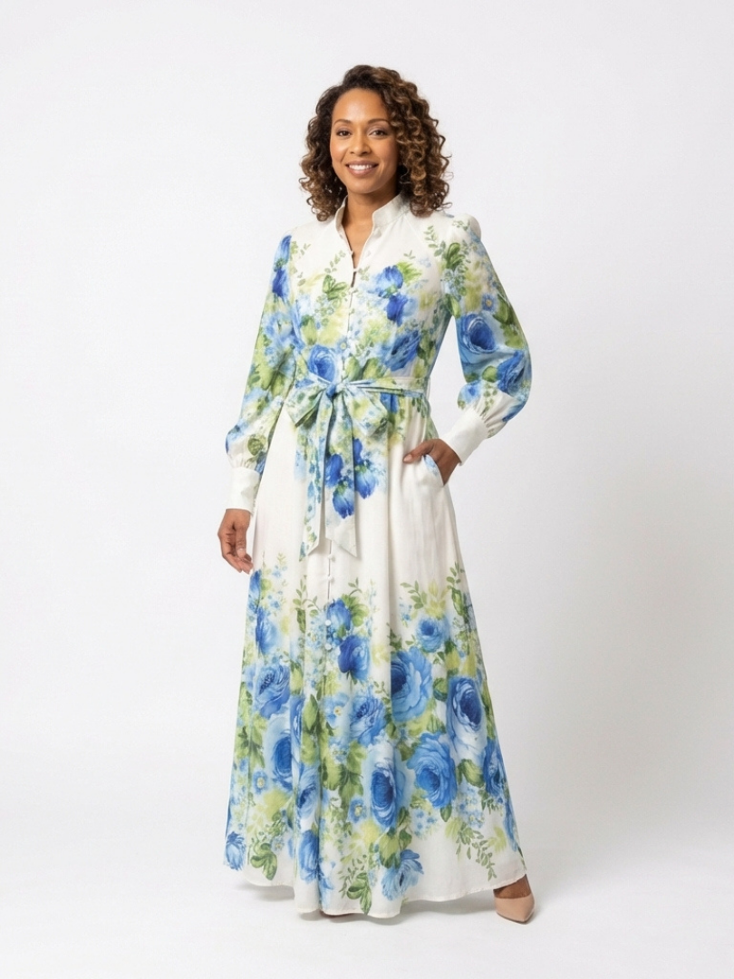 Harper long sleeve floral maxi dress in cream and blue, three-quarter view