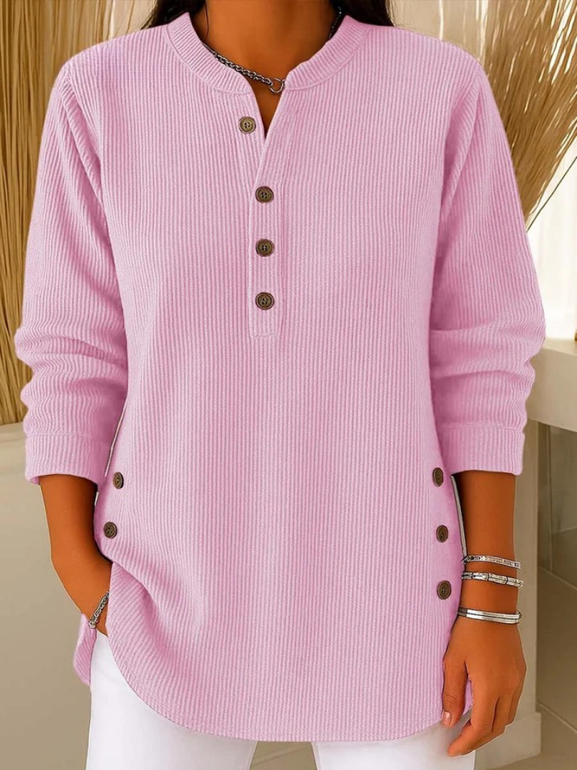 Nieves buttoned Henley tunic in soft pink, front view