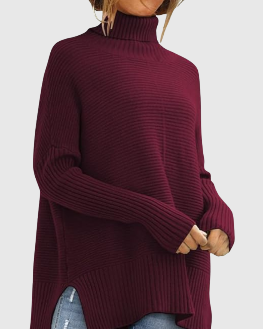 Aeronwen ribbed turtleneck knit jumper in wine red, front view