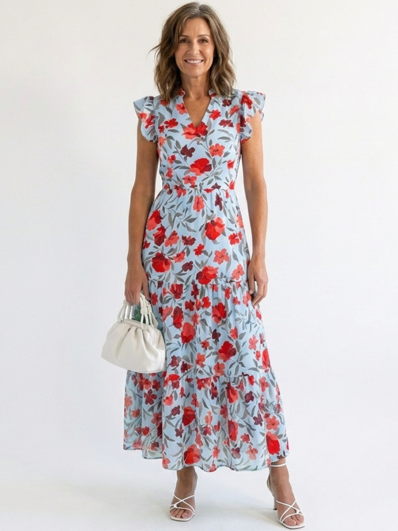 Lila floral tiered midi dress in sky blue, full-length front view
