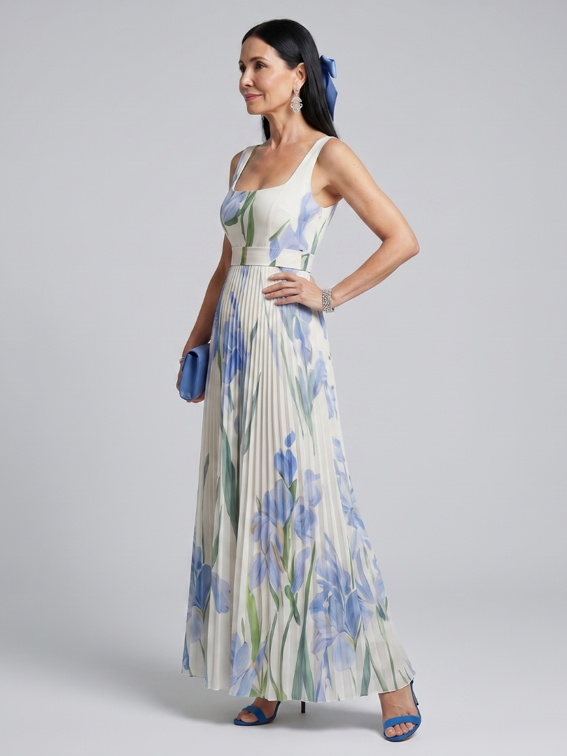 Ophelia floral midi dress in cream and blue, three-quarter side view