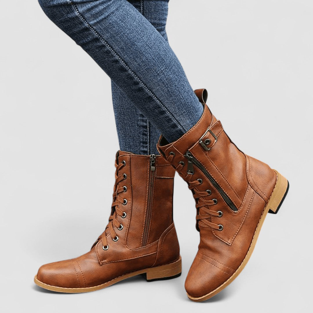 Tallulah buckled western boots in brown, worn with jeans side view