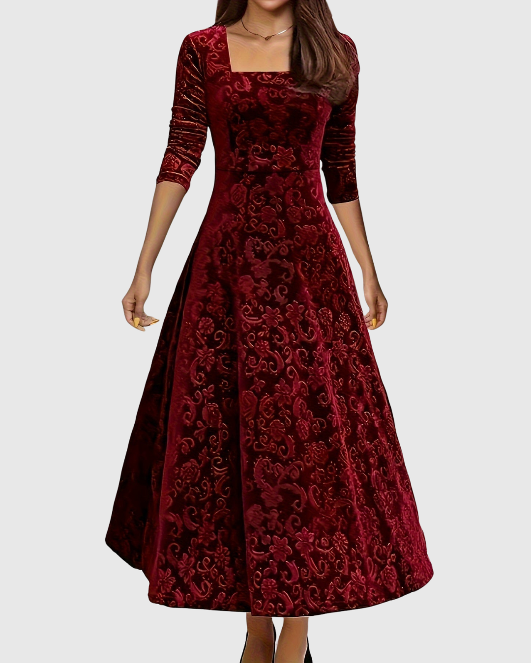 Vespera floral velvet midi dress in dark red, full-length front view