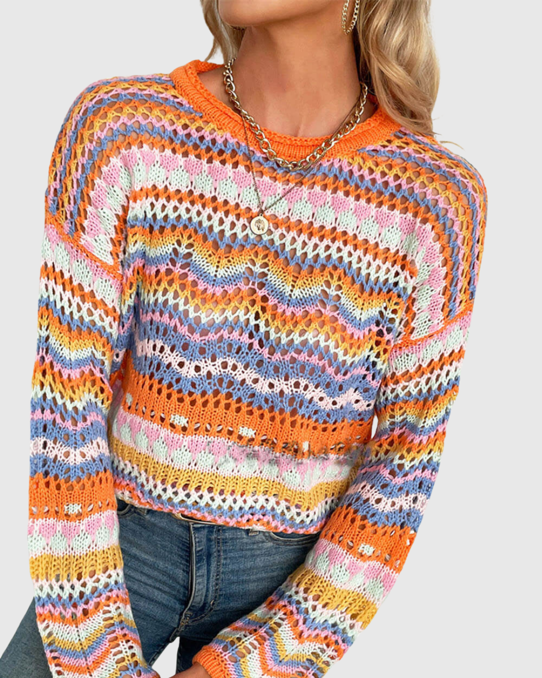 Corvella open-knit sweater in orange multicolour, front view