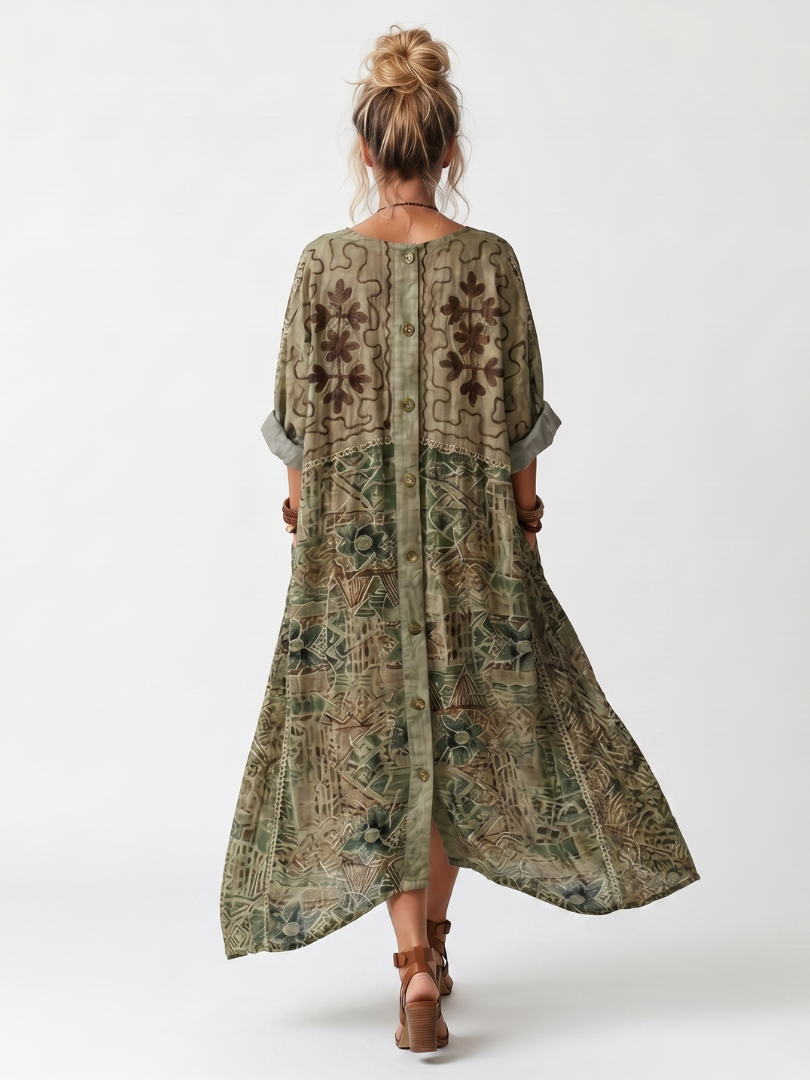 Aleta oversized midi dress in green, back view with button placket