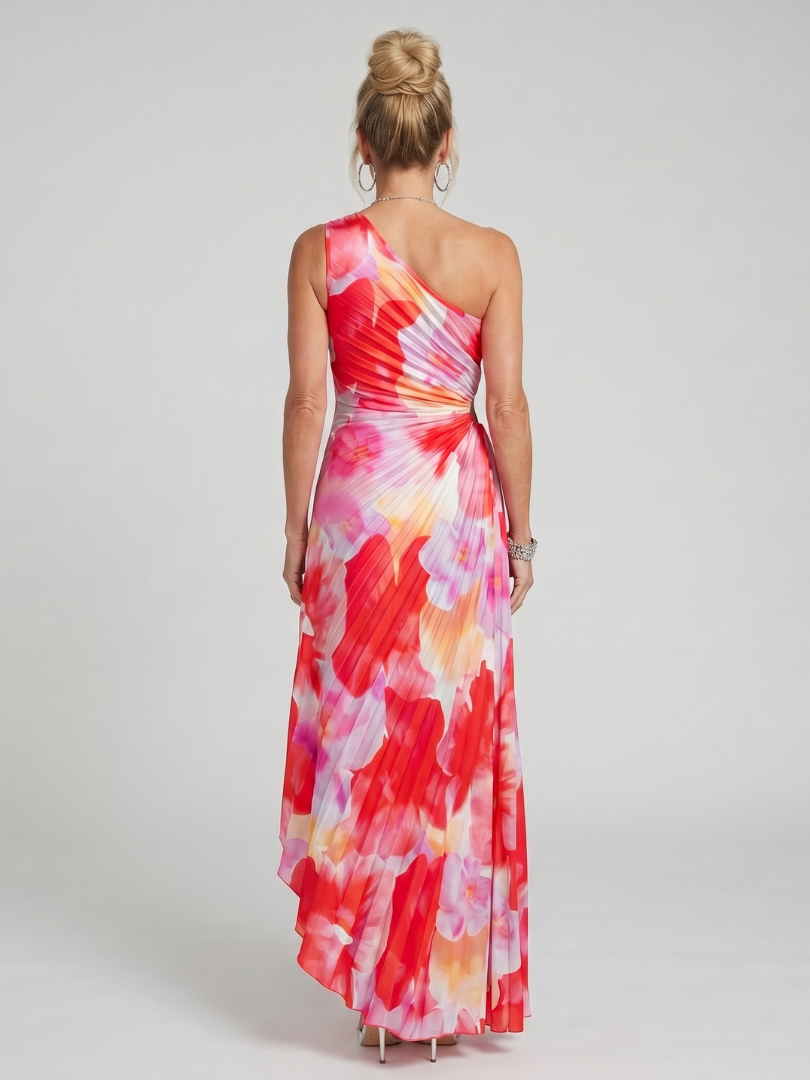 Taya one shoulder pleated dress in red floral, back view