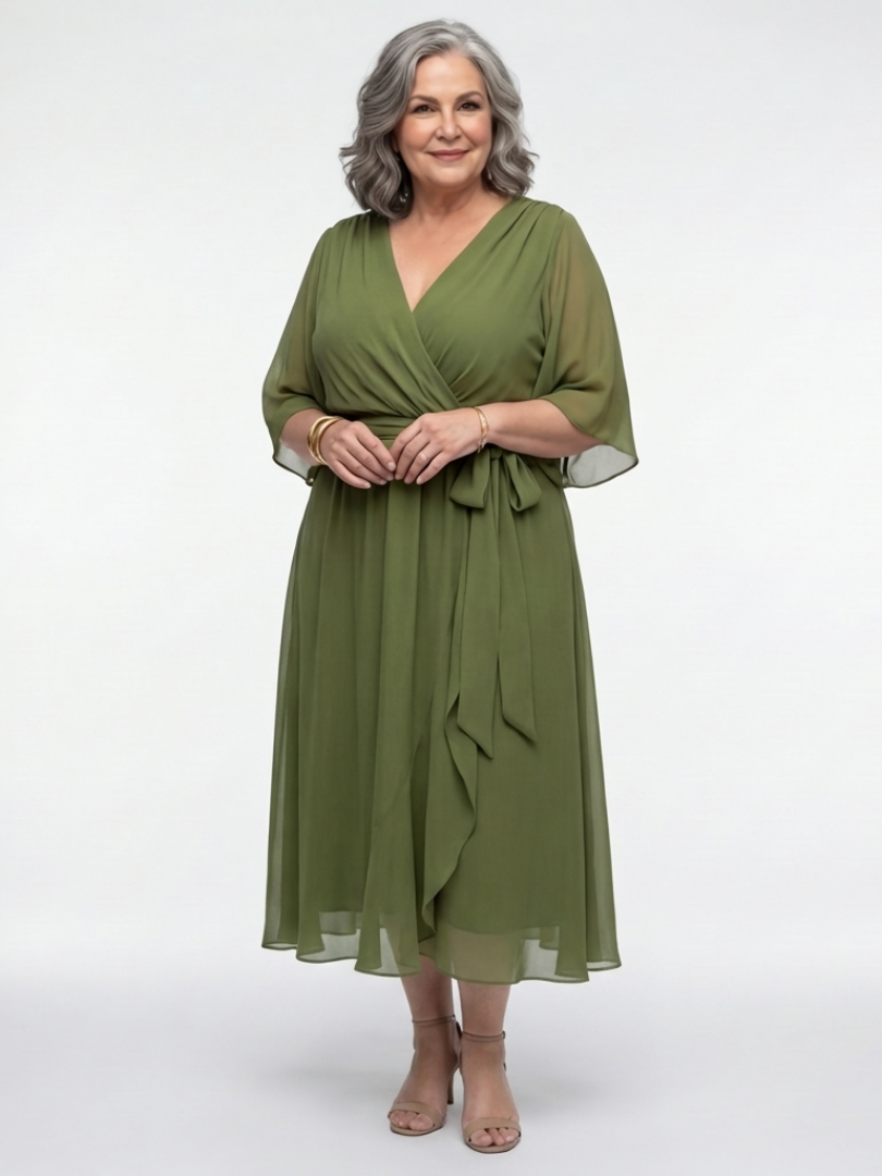 Elysia V neck midi dress in green, front view with waist tie knot