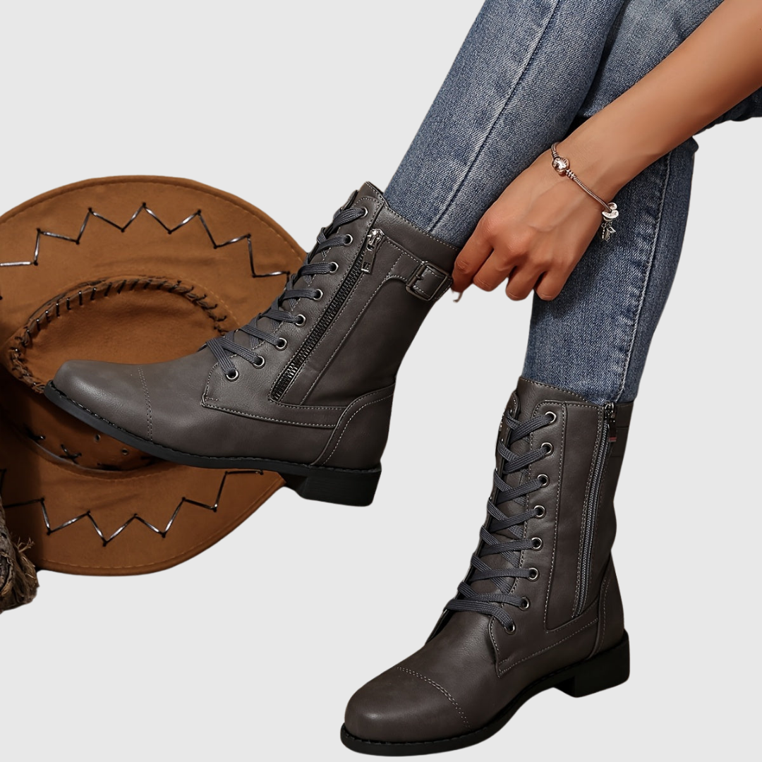 Carmine boots in grey, close-up of side zip and buckle