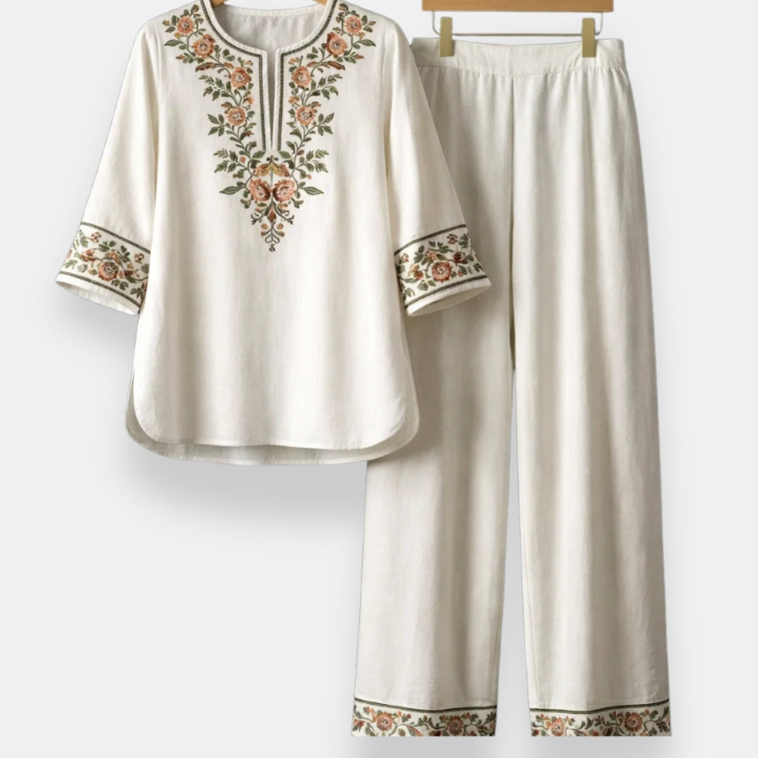 Cordelia embroidered two-piece set in white, tunic and trousers front view