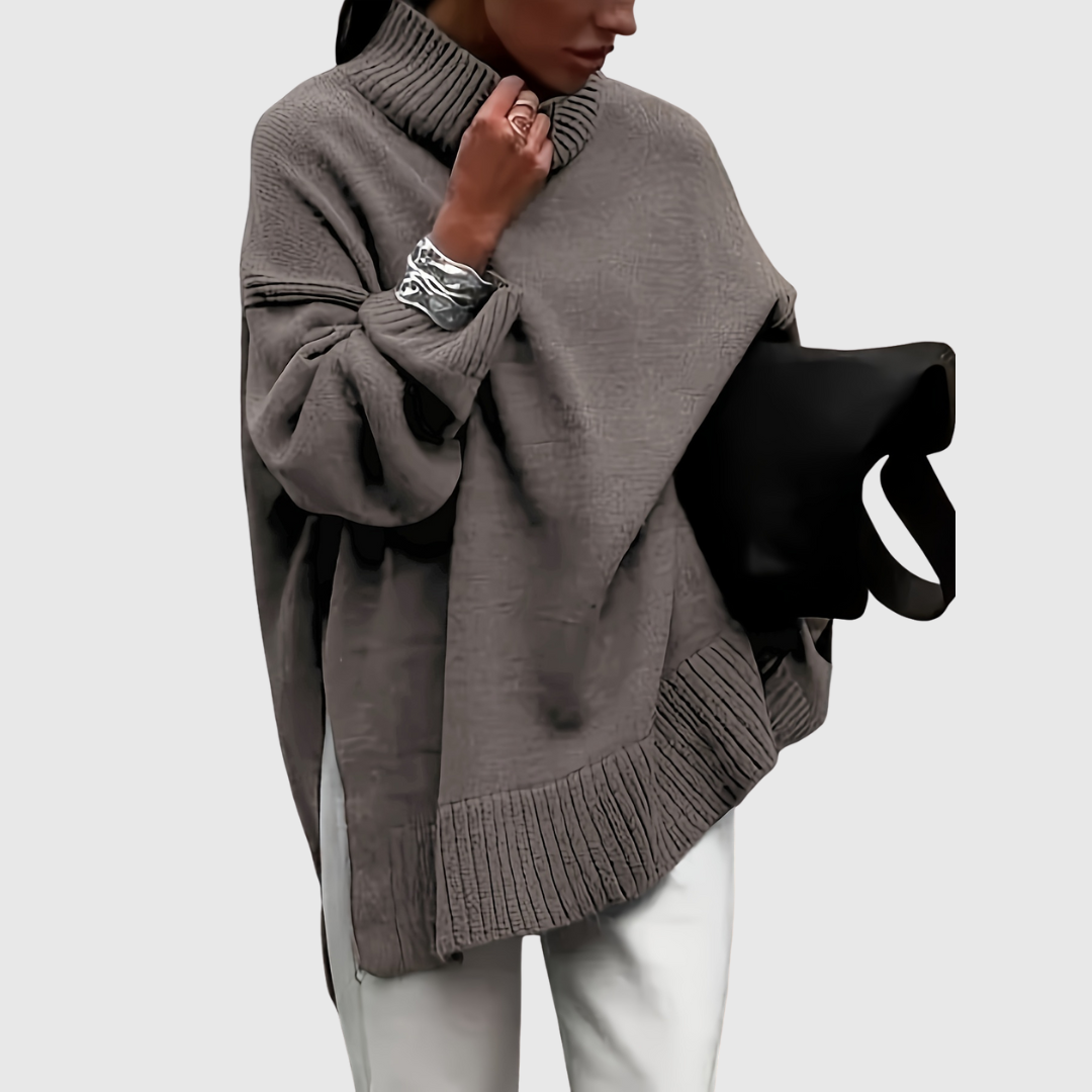 Victoria's oversized sweater in olive brown, front view on model
