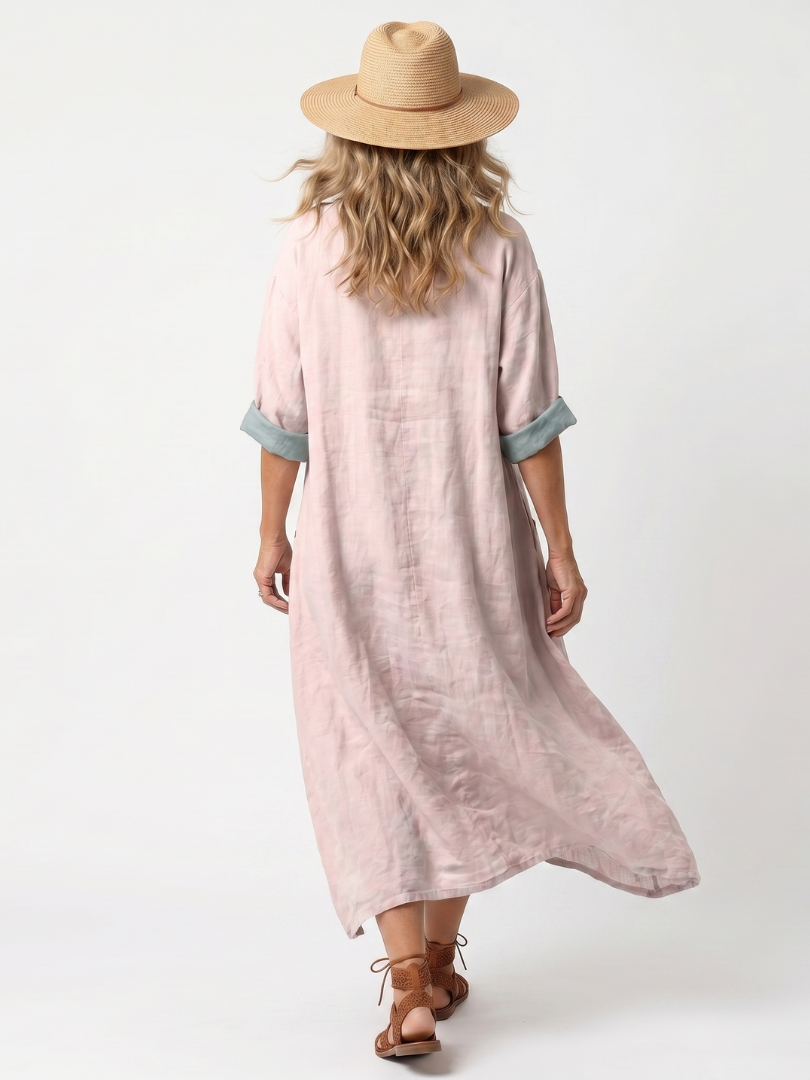 Kenza embroidered midi dress in pink, back view with turned-back cuffs