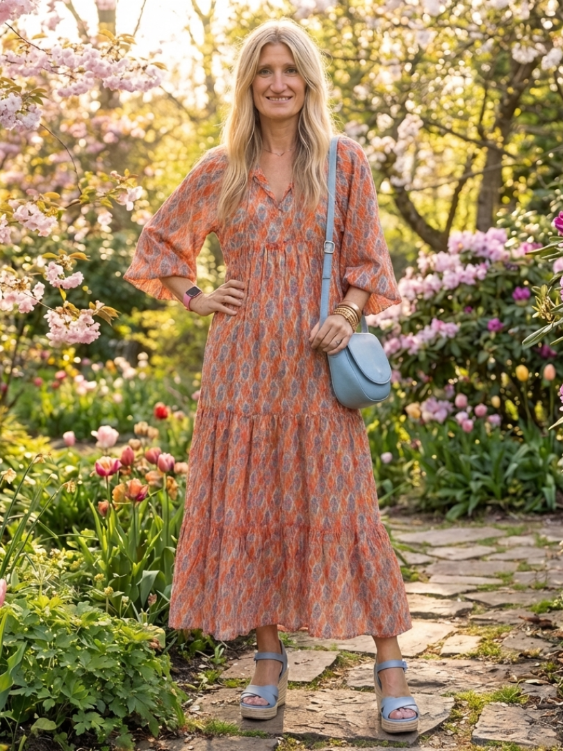 Amara coral geometric midi dress worn in a spring garden