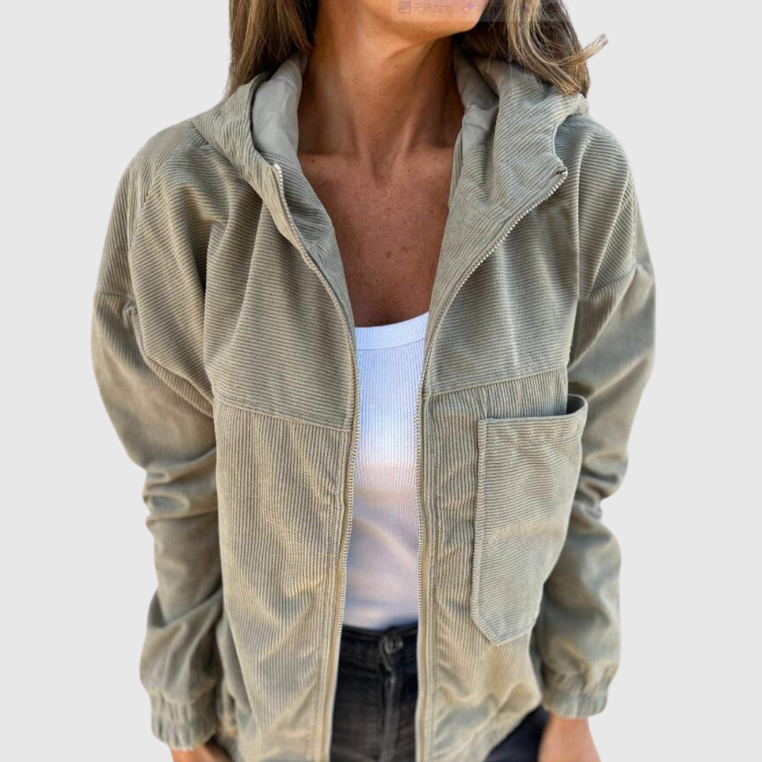 Elviana hooded jacket in green, close-up of ribbed texture and pocket