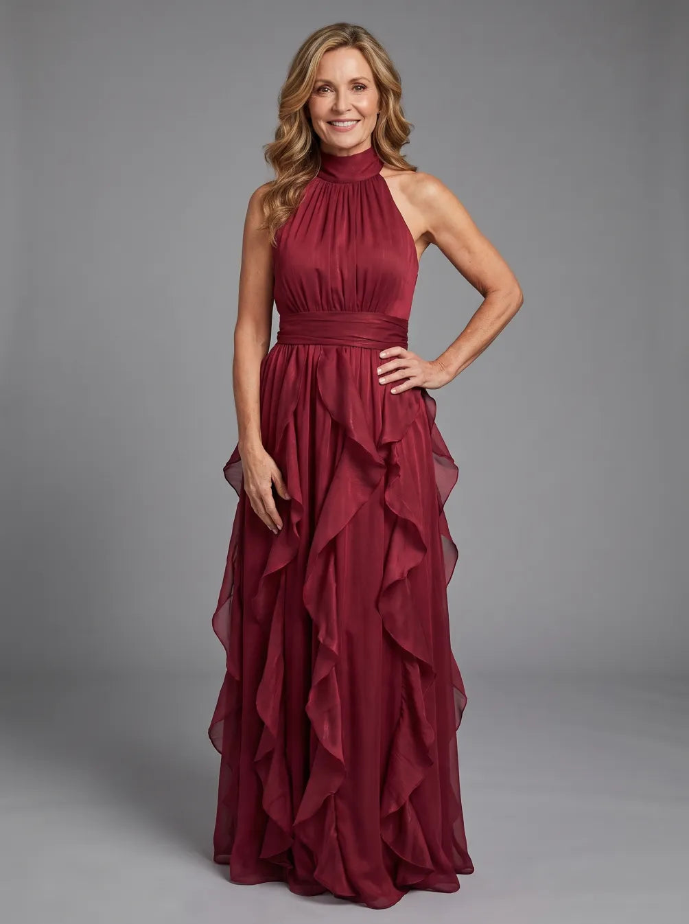 Orea high neck ruffle maxi dress in red, full-length front view