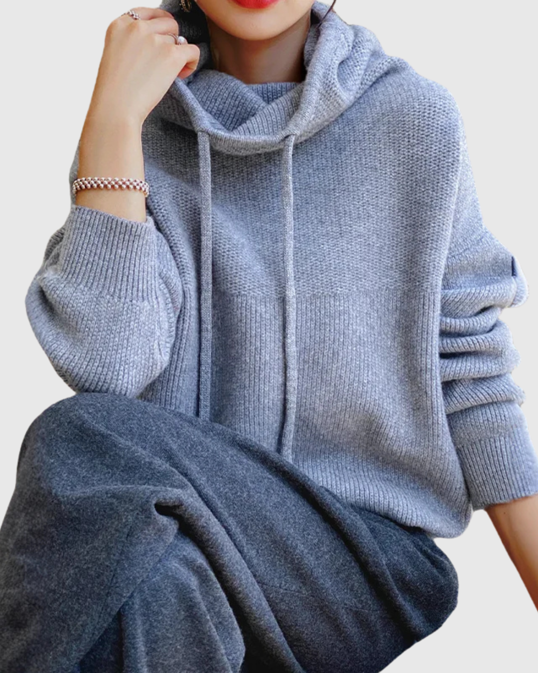Calyssia soft touch hoodie in grey, worn with grey trousers