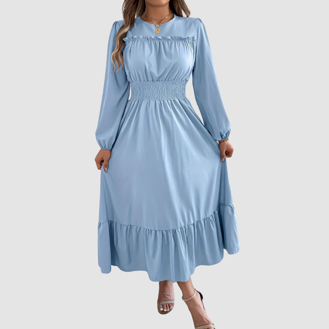 Isola Lane ruffled hem midi dress in light blue, full-length front view