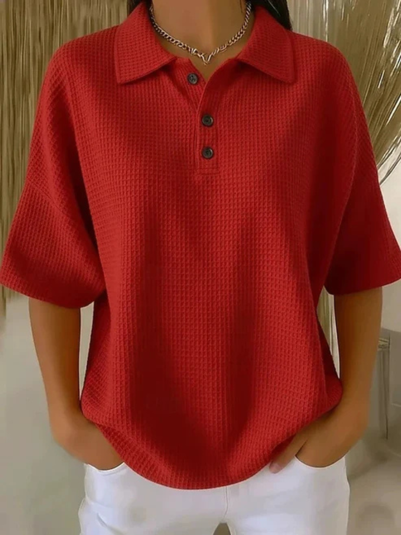 Peggie waffle polo blouse in red, front view on model