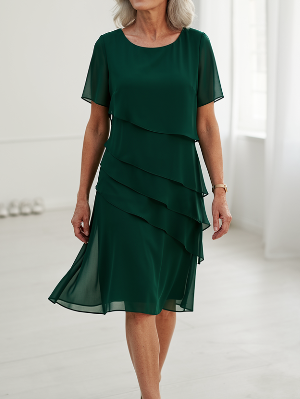Linda layered chiffon ruffle dress in green, front view