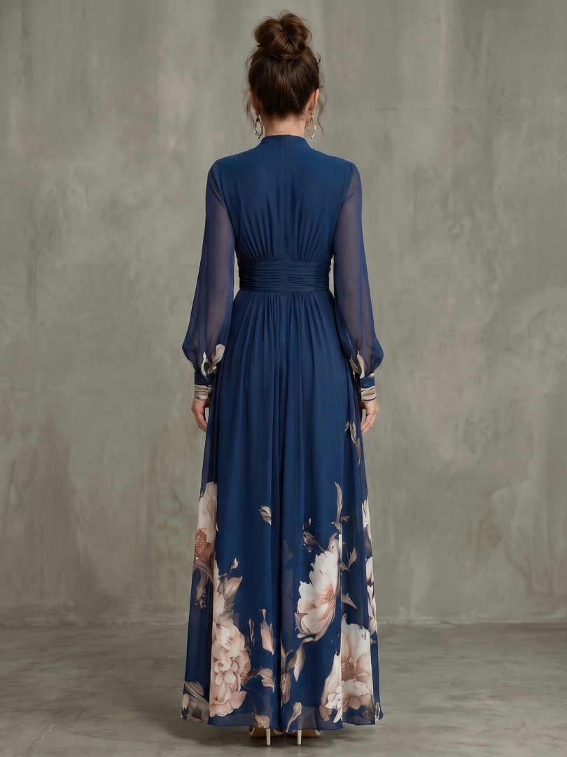 Ziva pleated maxi dress in navy, full-length back view