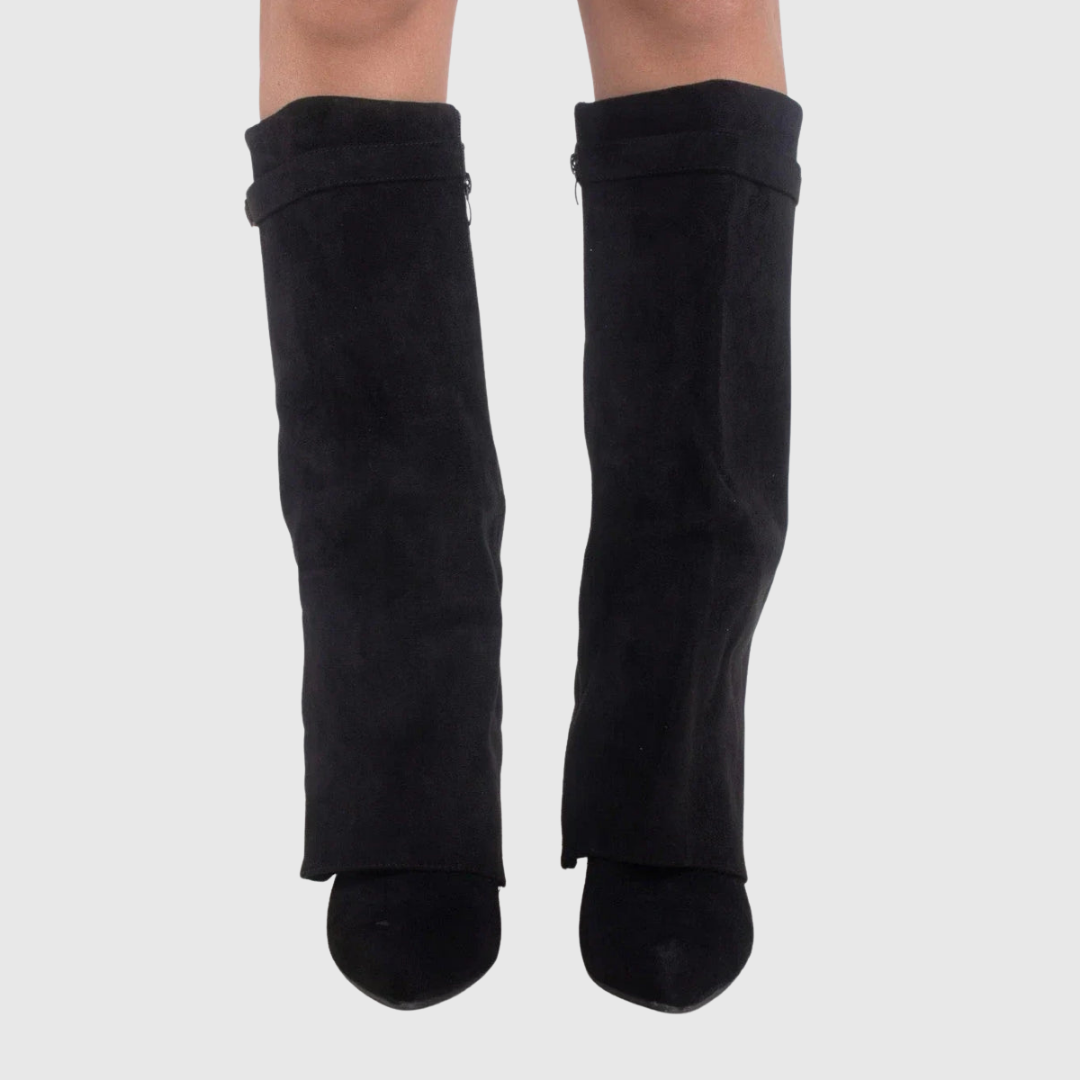 Lelene knee-high boots in black, front view on model
