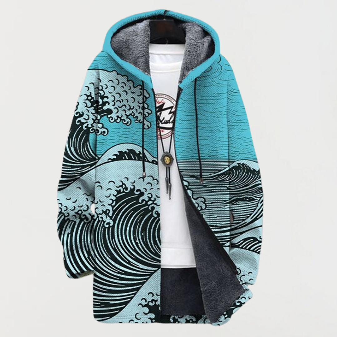 Lennox wave print hooded coat in light blue, front view on mannequin