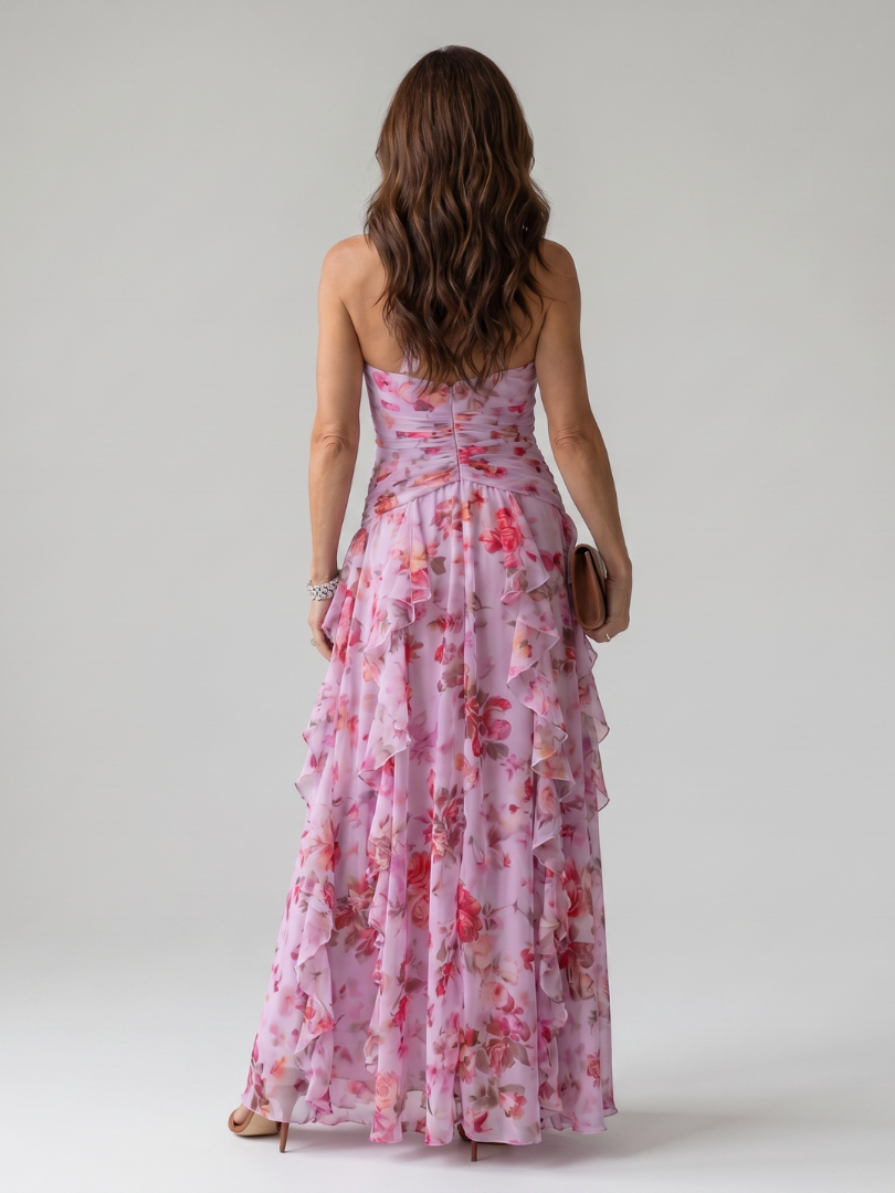 Nori floral maxi dress in pink, open-back rear view