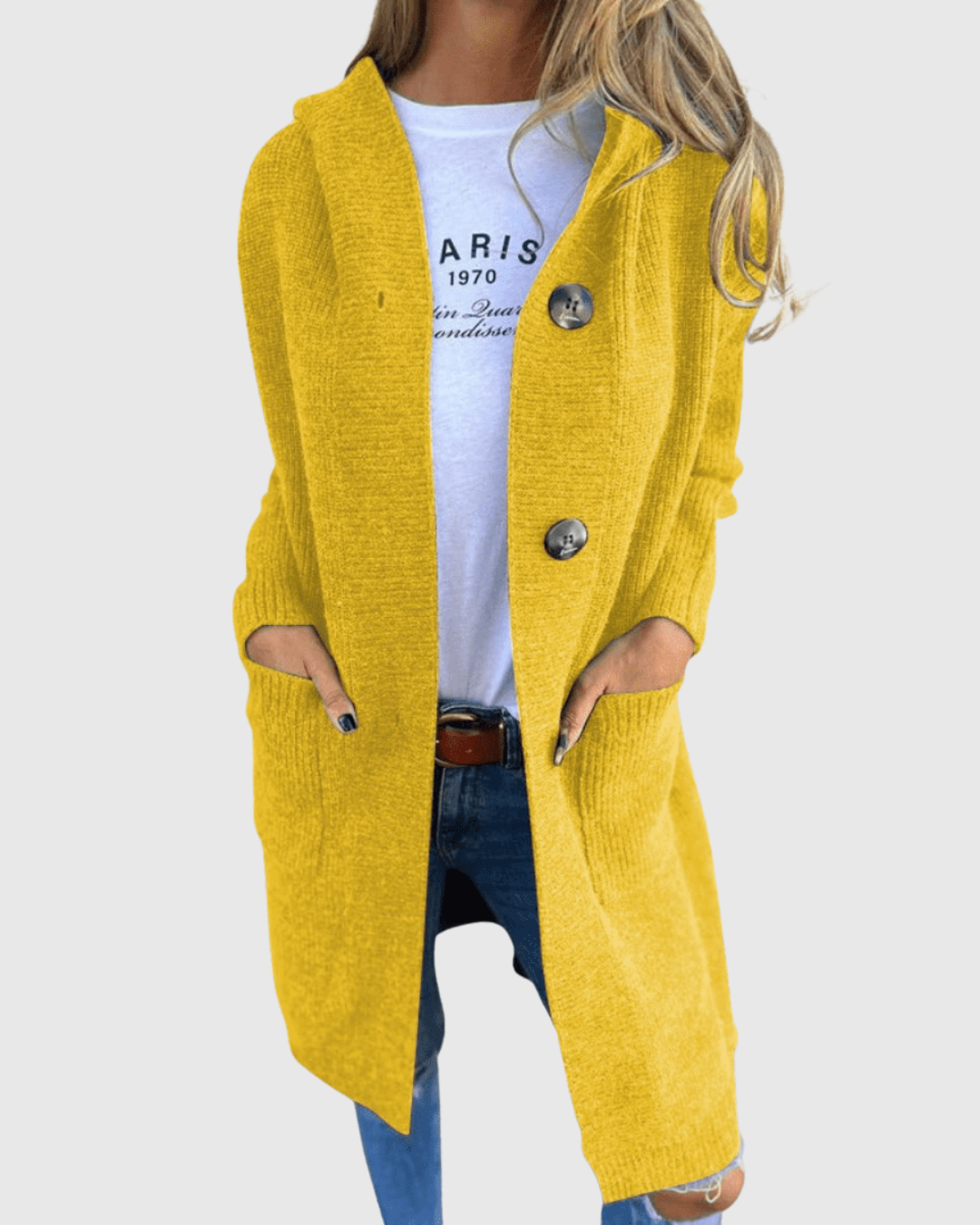 Blythe long hooded cardigan in yellow, front view with buttons