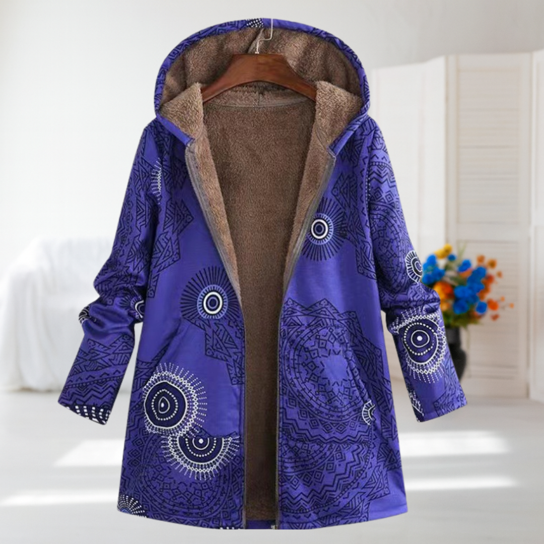 Nell mandala print hooded coat in violet blue, front view on a hanger
