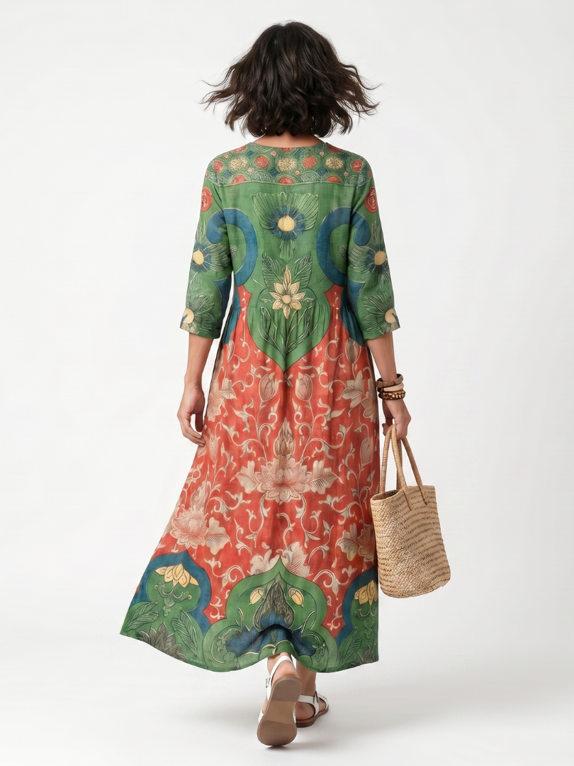 Sloane mixed print midi dress in green and coral, back view