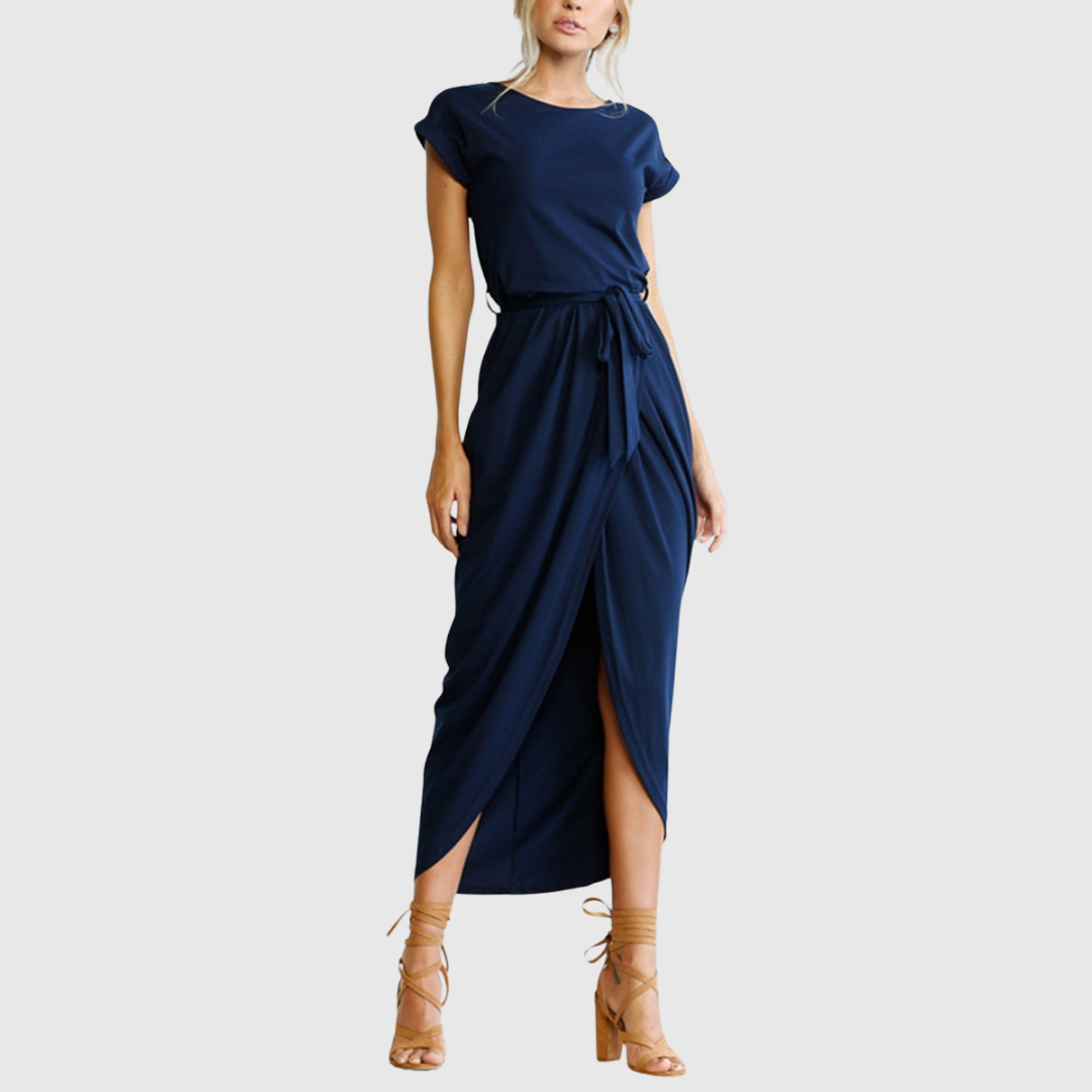 Maelis casual midi dress in dark blue, front view with tie belt