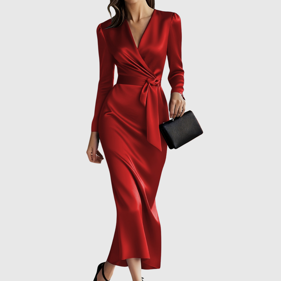 Elene long sleeve satin dress in deep red, full-length front view with tie waist