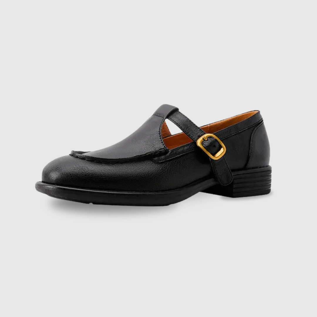 Nancy leather T-strap shoe in black, side product view
