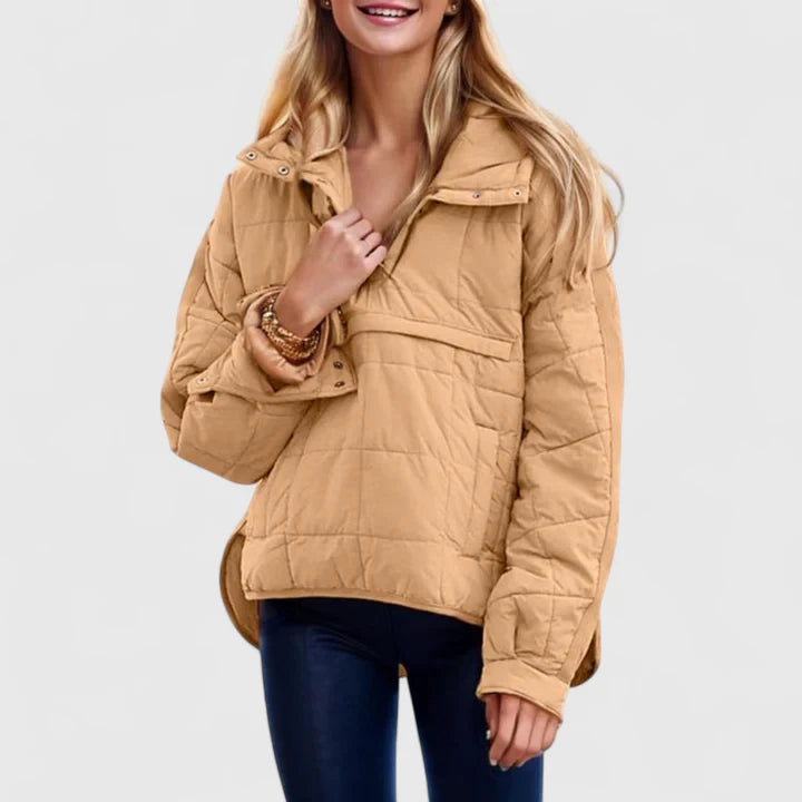 Saphina oversized pullover jacket in light brown, full front view