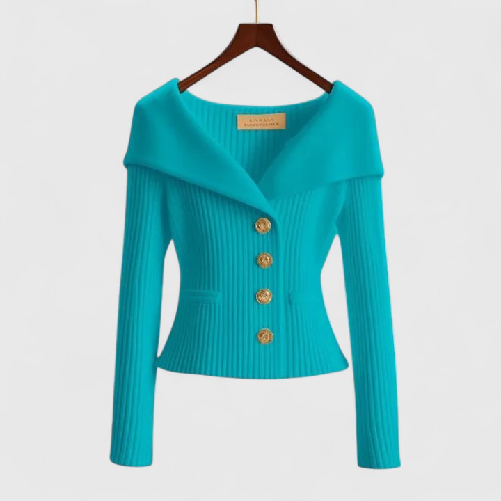 Elara soft knit cardigan in turquoise blue, front view on hanger