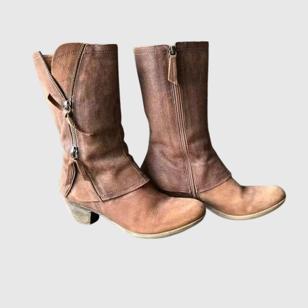 Tamera luxe leather boots in tan brown, angled side view