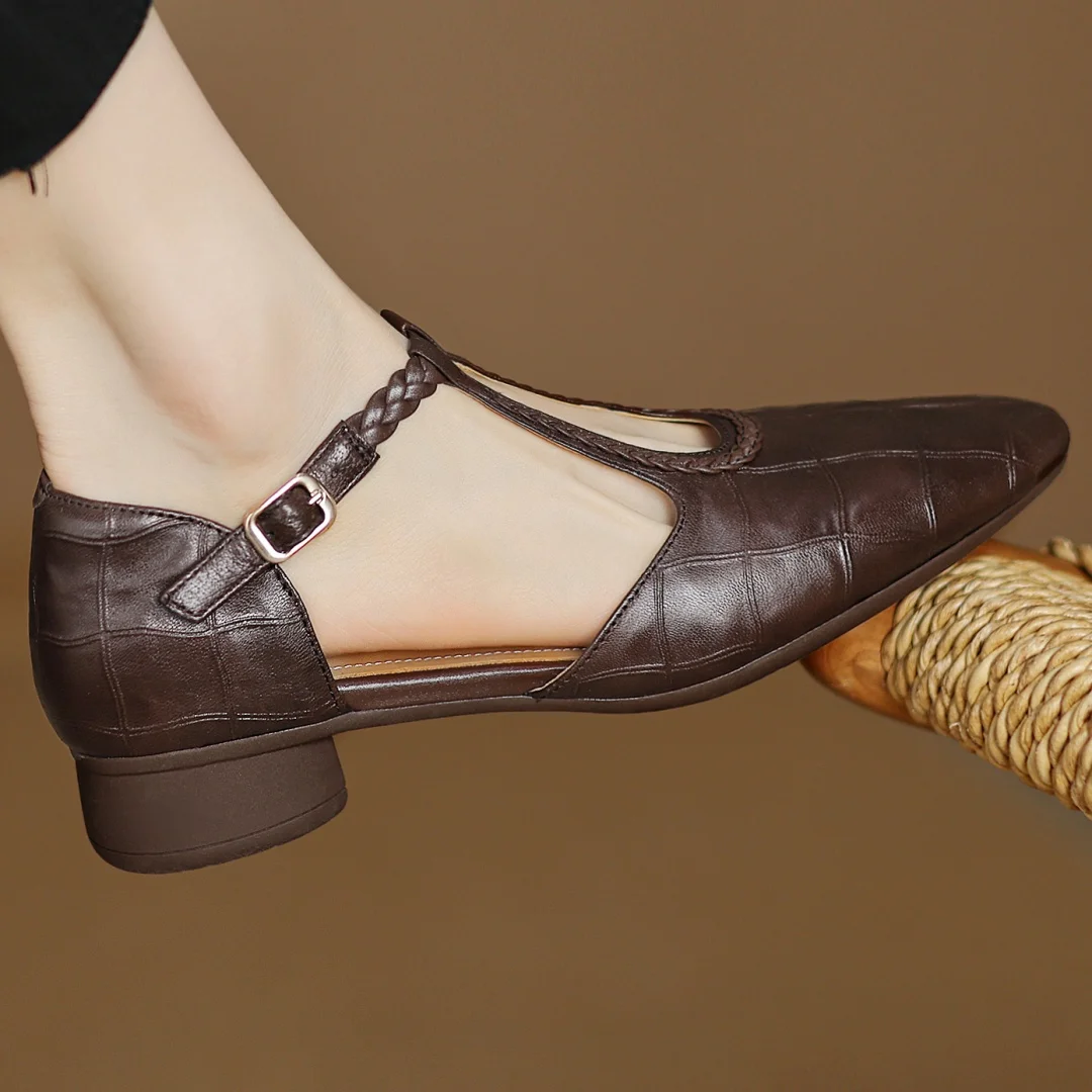 Evelyn brown Mary Jane shoe, side view with ankle buckle