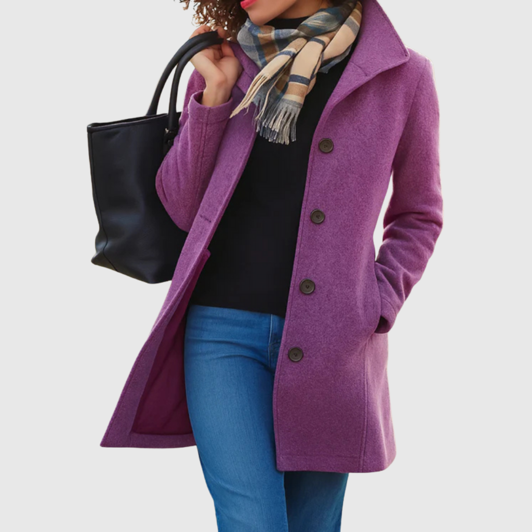 Connie classic coat in purple, three-quarter front view