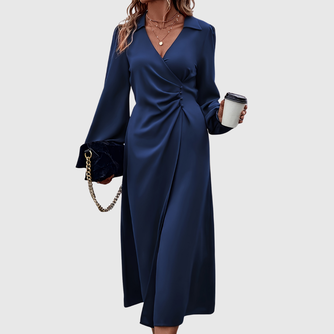 Islanna twist front midi dress in navy styled with a clutch bag